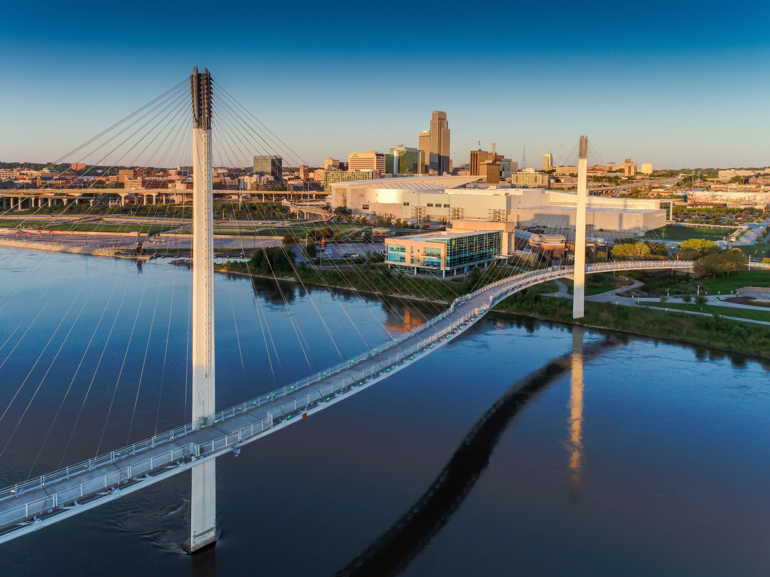 Bob Kerry Pedestrian Bridge spans the Missouri river with the Om